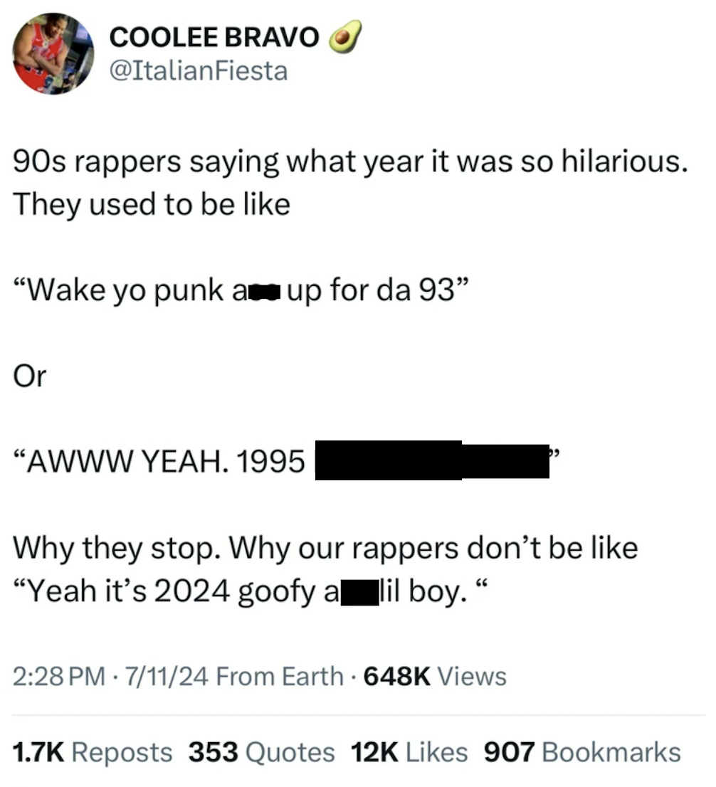 screenshot - Coolee Bravo 90s rappers saying what year it was so hilarious. They used to be "Wake yo punk a up for da 93" Or "Awww Yeah. 1995 Why they stop. Why our rappers don't be "Yeah it's 2024 goofy a lil boy." 71124 From Earth Views Reposts 353 Quot